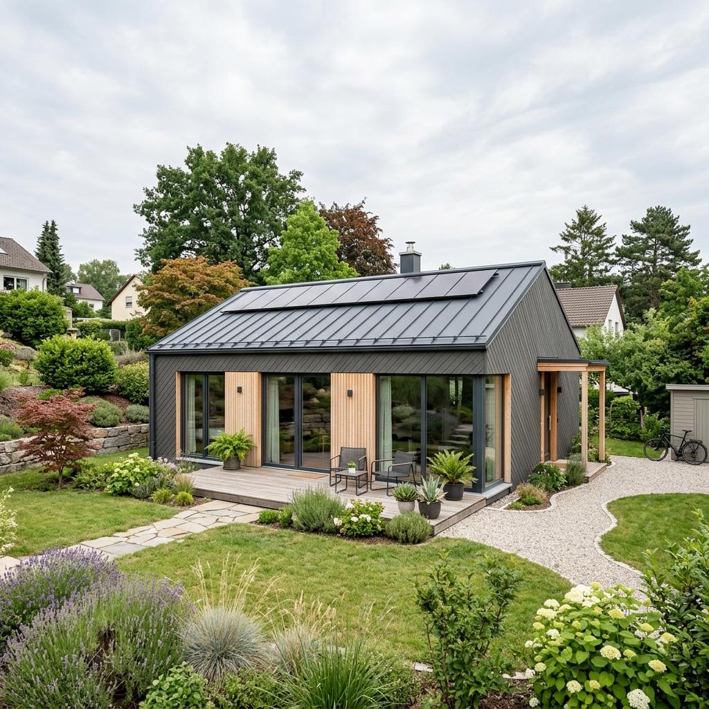 Singlehaus Solo 64 des Herstellers ScanHaus Marlow mit Satteldach — platzsparendes Fertighaus mit 64 m²