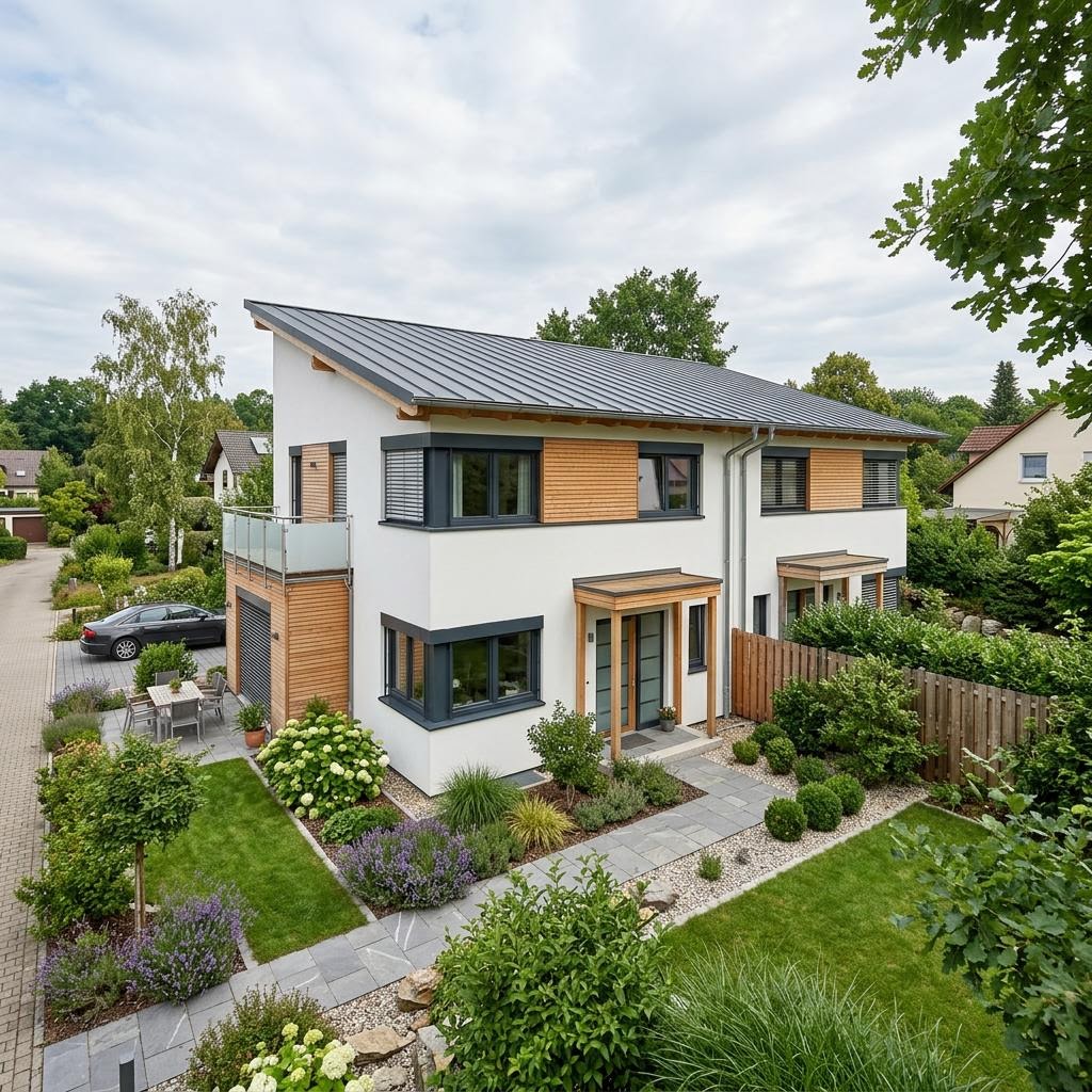 Doppelhaushälfte Twin SH 96 des Herstellers ScanHaus Marlow — Pultdach, 96 m² für schlanke Grundstücke