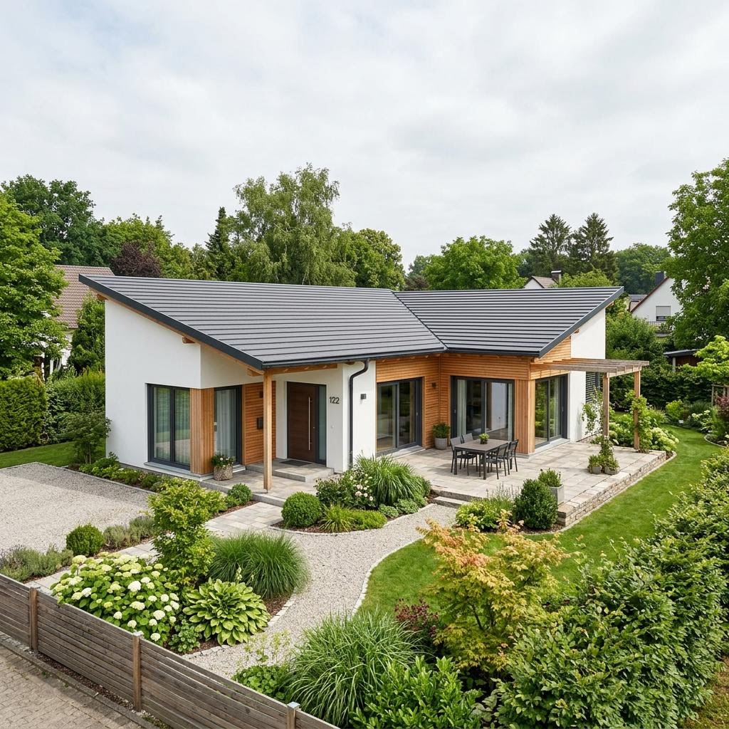 Winkelbungalow Nordwinkel 122 des Herstellers ScanHaus Marlow mit Pultdach — moderner Holz-Winkelbungalow mit 122 m²