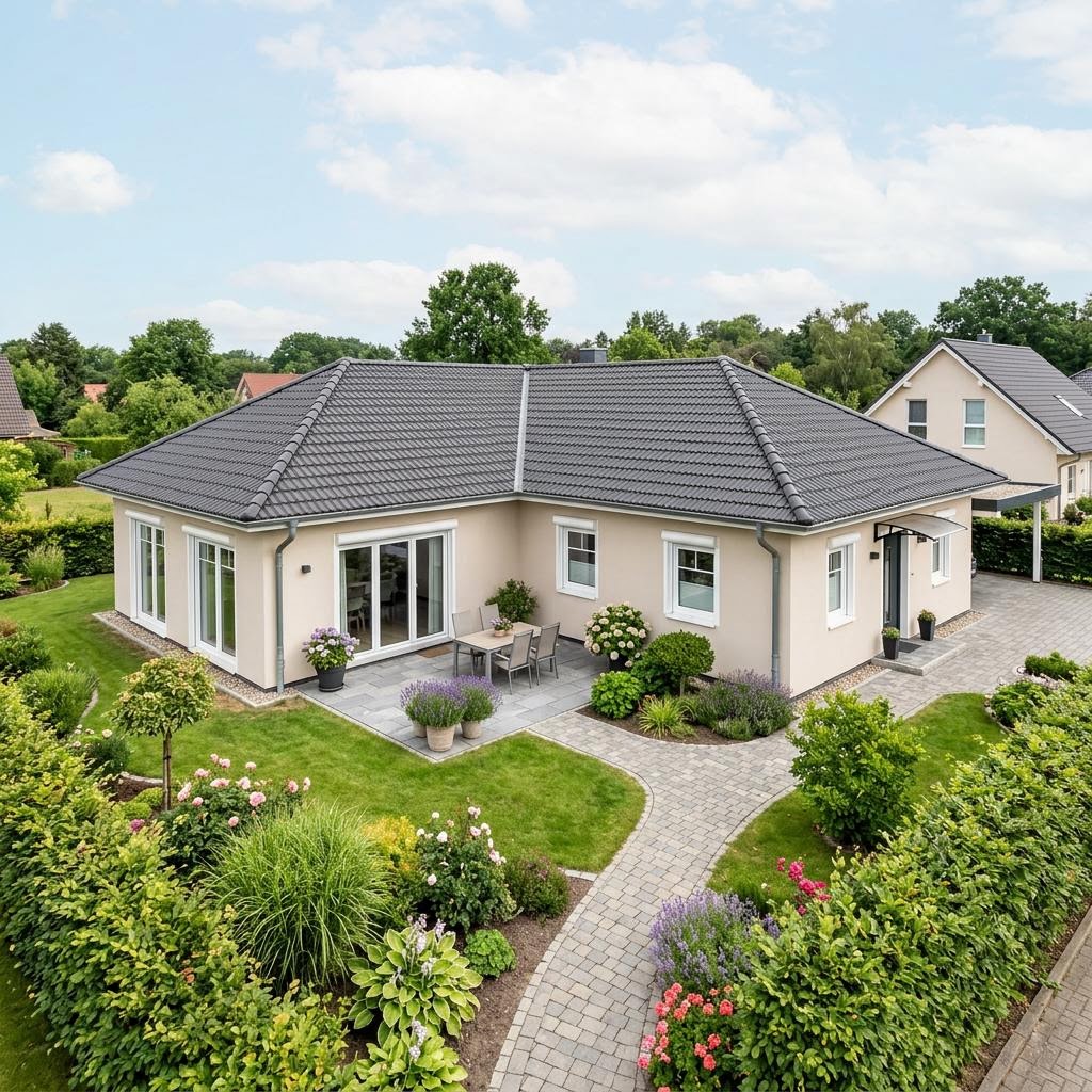 Winkelbungalow Winkelbungalow WB 130 Atrium des Herstellers ScanHaus Marlow — in Holztafelbauweise, rund 130 m²