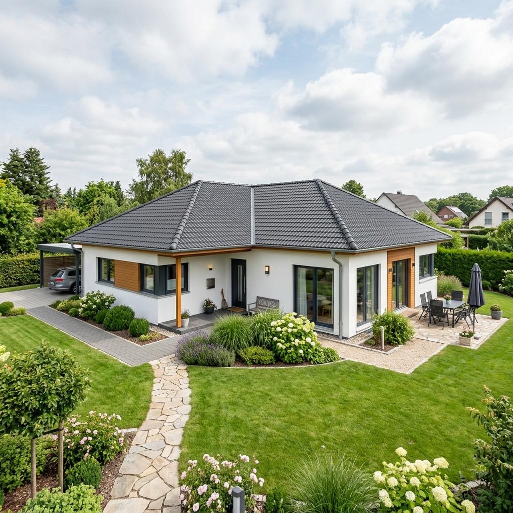 Winkelbungalow Winkelbungalow WB 140 des Herstellers ScanHaus Marlow — in Holztafelbauweise, rund 140 m²