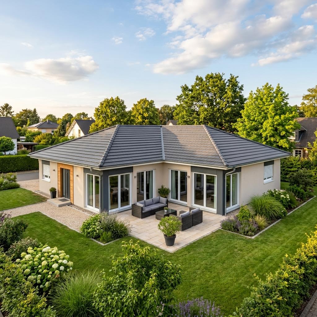Ebenerdiger Winkelbungalow WB 148 des Herstellers scanhaus mit Walmdach und Innenhof-Terrasse