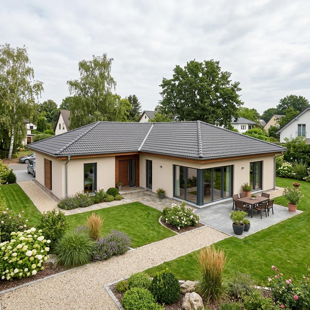 Winkelbungalow Winkelstern 138 des Herstellers ScanHaus Marlow mit Walmdach — Holzfertigbau-Winkelbungalow mit 138 m²
