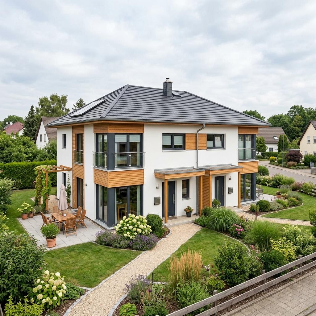 Doppelhaus Doppelhaus Fokus Duo 140 des Herstellers Schwabenhaus — Krüppelwalmdach, 140 m²