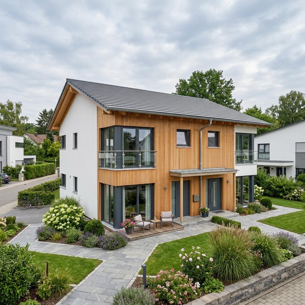 Doppelhaus Selecta Ausbau 122 des Herstellers Schwabenhaus mit Pultdach — Ausbauhaus mit 122 m² je Hälfte