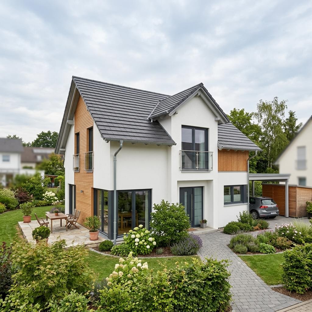 Einfamilienhaus Solitaire E-128 des Herstellers Schwabenhaus als Fertighaus mit Satteldach