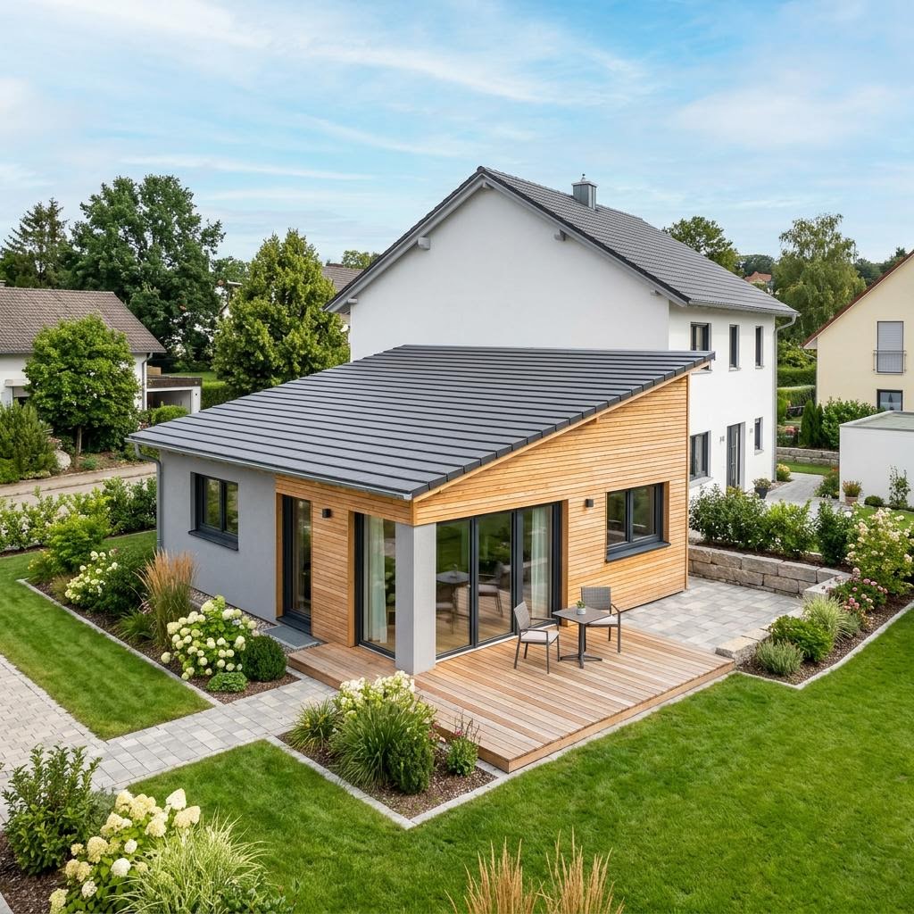 Anbau-Modul FlyingSpace Anbau 56 des Herstellers SchwörerHaus mit Pultdach — Fertighaus-Wohnmodul mit 56 m²
