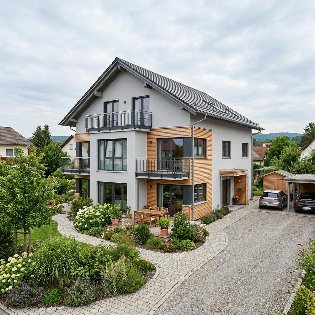 Mehrfamilienhaus Trio des Herstellers SchwörerHaus mit Satteldach — Holzfertighaus mit drei Wohnungen und 320 m²