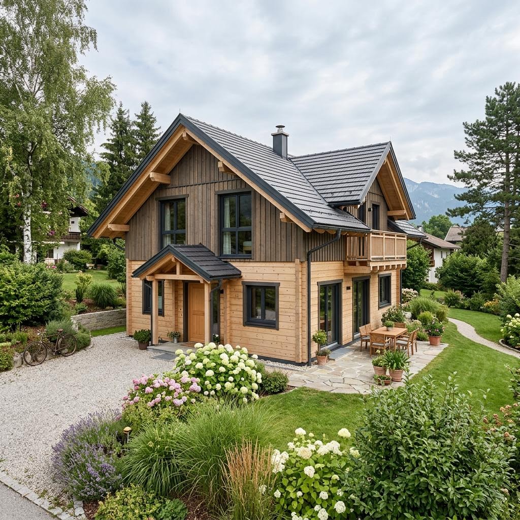 Ferienhaus Arlberg 70 des Herstellers Alpin Chalets Tirol als Massivholz-Chalet mit Steildach und Balkon