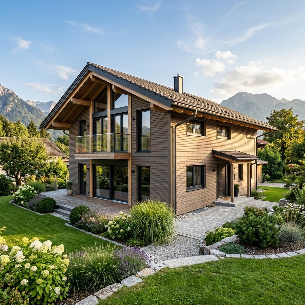 Chalet Chalet Karwendel des Herstellers Sonnleitner Holzbauwerke mit Satteldach und Holzfassade