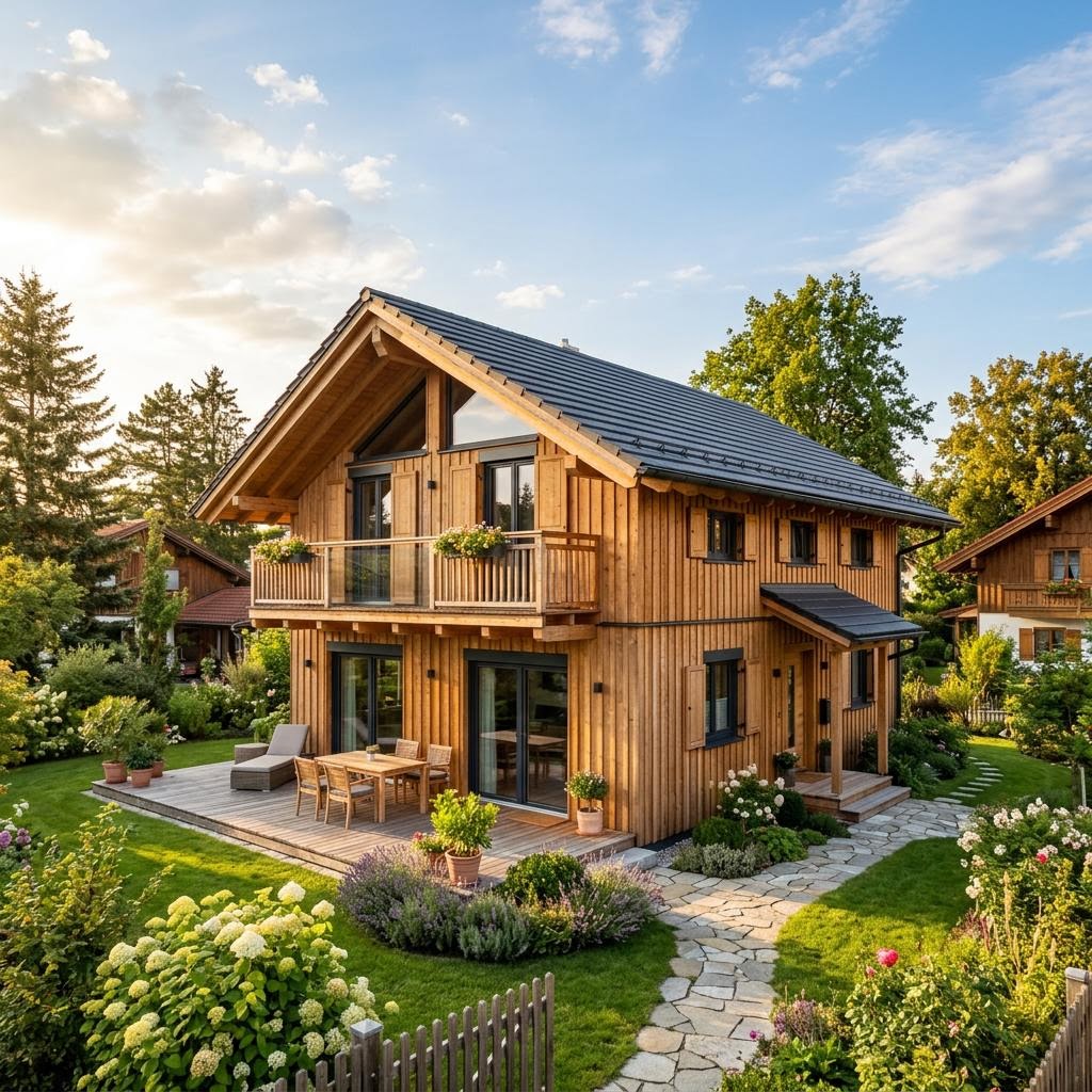 Chalet Chalet Wendelstein des Herstellers Sonnleitner Holzbauwerke mit Satteldach und Holzfassade