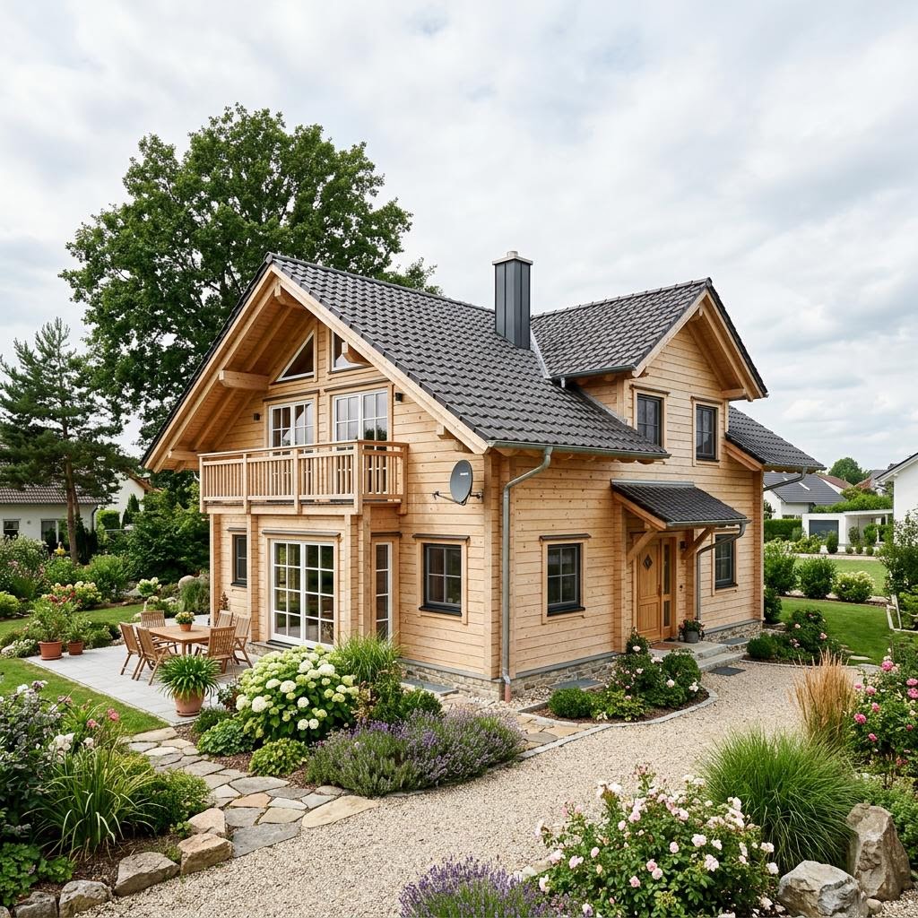Ferienhaus Dachstein 64 des Herstellers Alpin Chalets Tirol als zweigeschossiges Massivholz-Chalet mit Satteldach