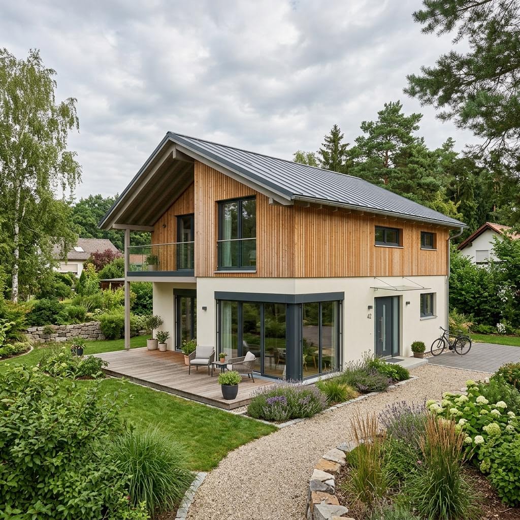 Pultdachhaus PultHolz Alpin 162 des Herstellers Sonnleitner mit massiver Holzbauweise und Solardach