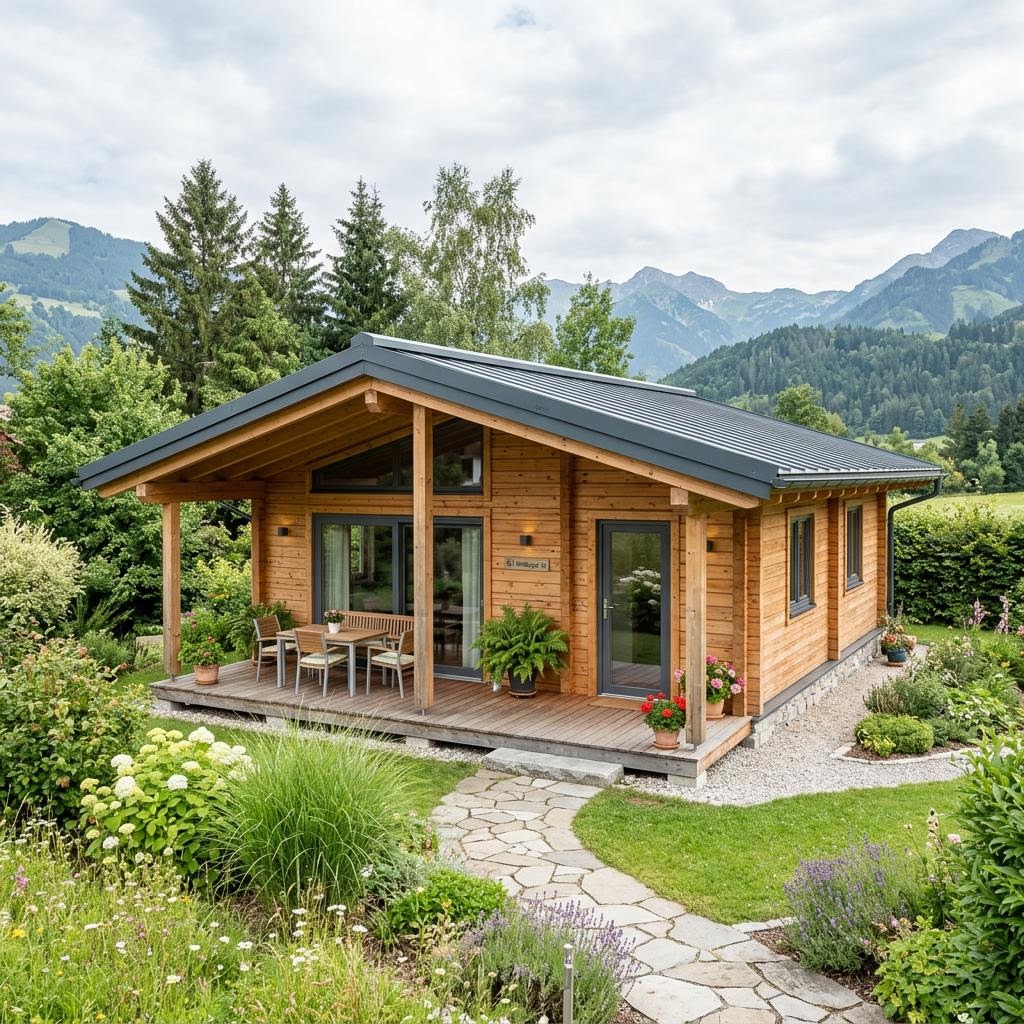 Ferienhaus Wildkogel 46 des Herstellers Alpin Chalets Tirol als modernes Mini-Chalet mit Pultdach