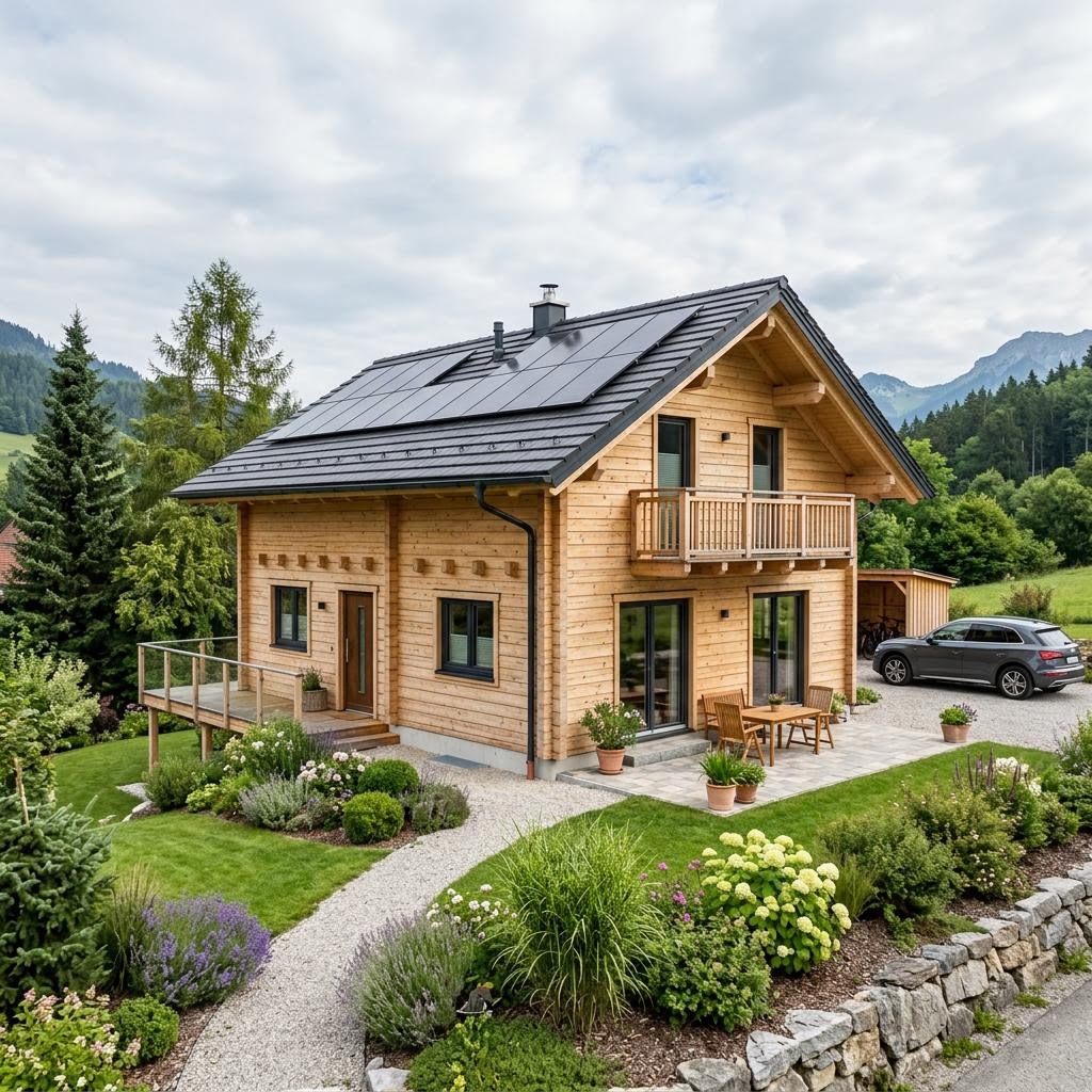 Ferienhaus Zillertal 88 des Herstellers Alpin Chalets Tirol als zweigeschossiges Alpenchalet mit Südbalkon