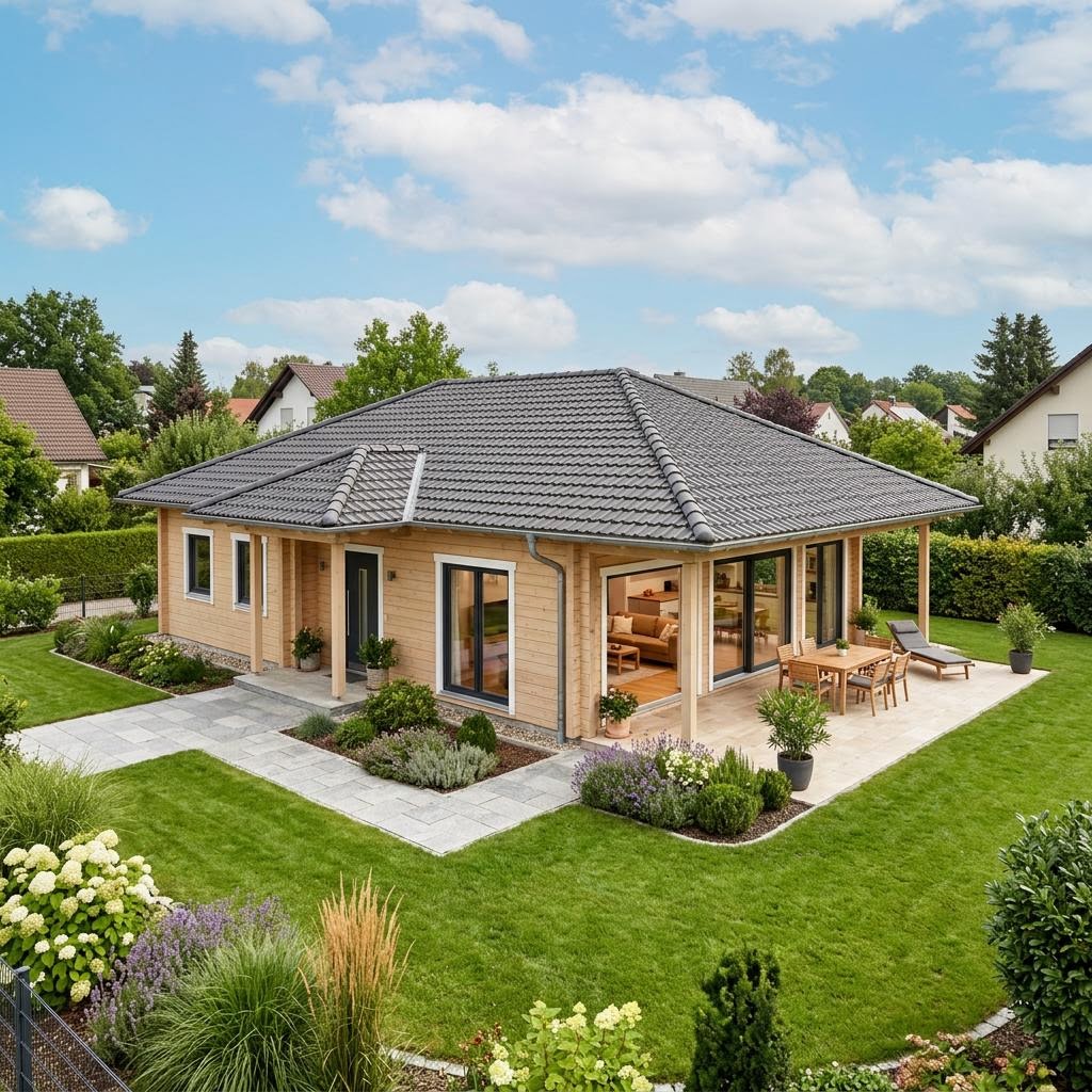 Holzhaus Bungalow Solvik 112 des Herstellers Stommel Haus — Massivholz-Bungalow mit Walmdach und 112 m²