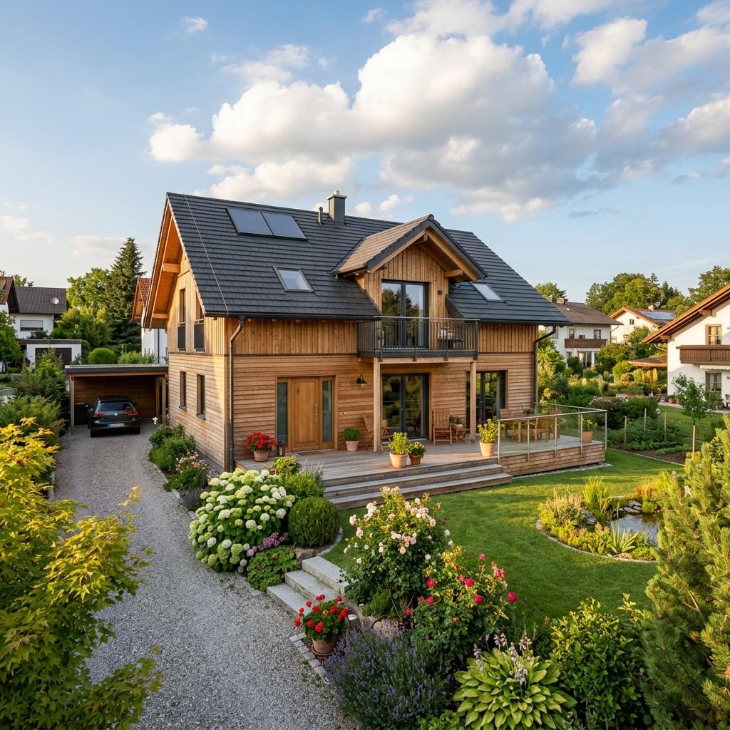 Chalet Chalet Almrausch des Herstellers Stommel Haus mit Satteldach und Holzfassade