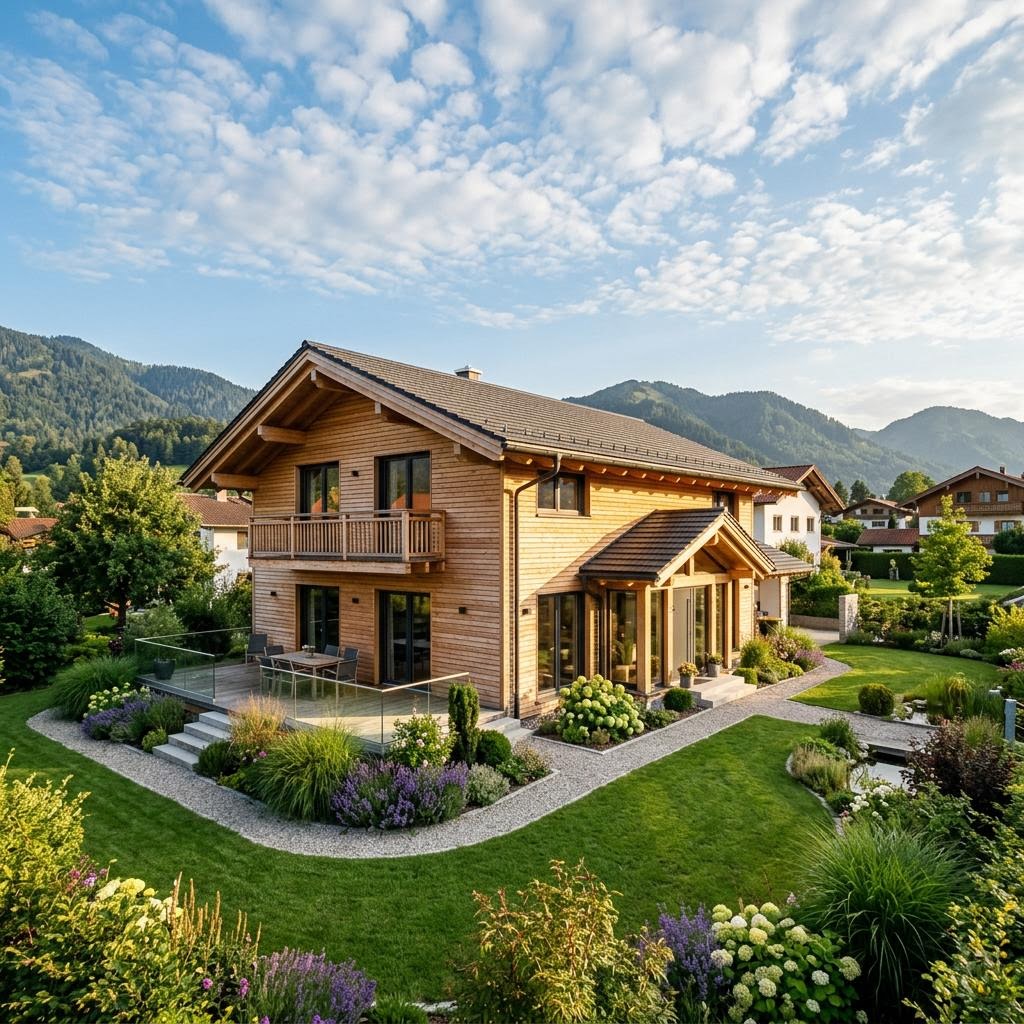 Chalet Chalet Bergquell des Herstellers Stommel Haus mit Satteldach und Holzfassade