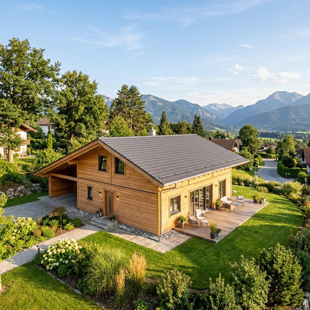 Chalet Chalet Bergwiese des Herstellers Stommel Haus mit Satteldach und Holzfassade