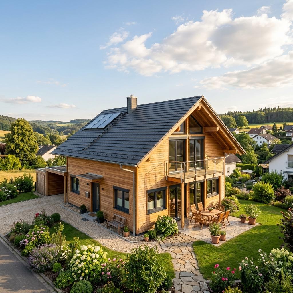 Chalet Chalet Talblick des Herstellers Stommel Haus mit Satteldach und Holzfassade