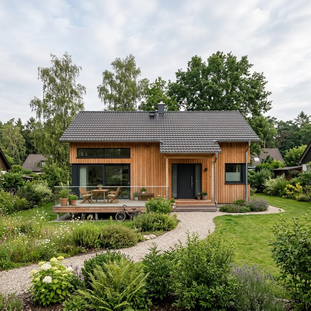 Ferienhaus Cottage 56 des Herstellers Stommel Haus als kleines Massivholzhaus mit Terrasse und Satteldach