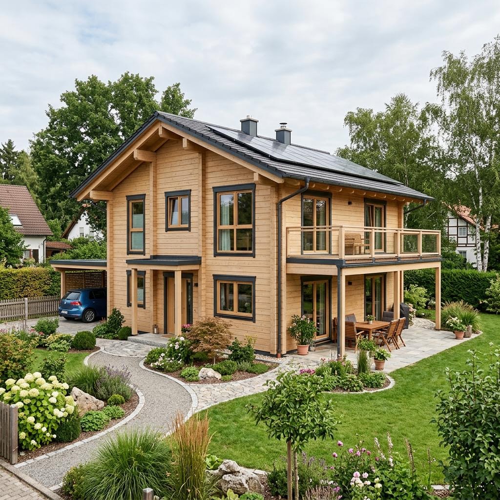 Massivholz-Blockhaus Eiche 160 des Herstellers Stommel Haus für große Familien mit Satteldach