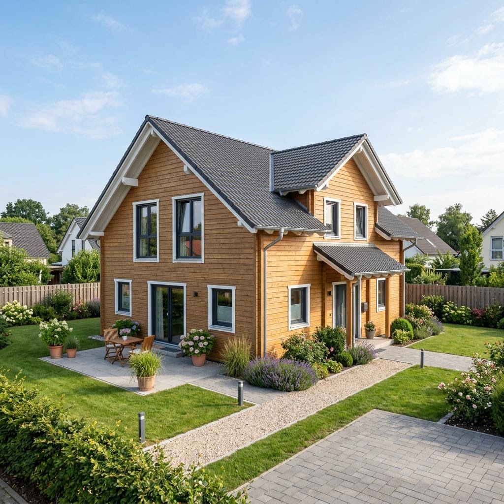 Holzhaus Familienhaus Varberg 164 des Herstellers Stommel Haus — Massivholzhaus mit Satteldach und 164 m²