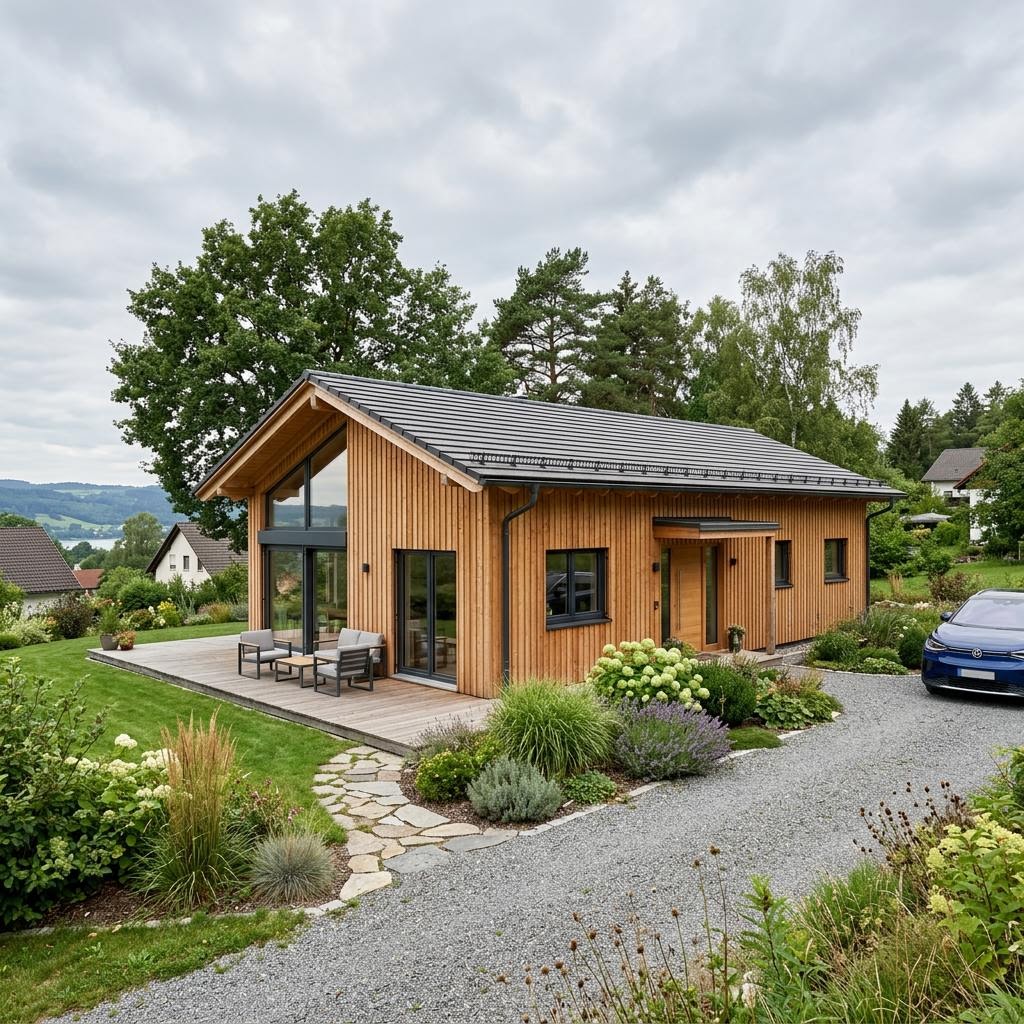 Ferienhaus Fjordblick 74 des Herstellers Stommel Haus als Massivholzhaus mit heller Fassade und Satteldach