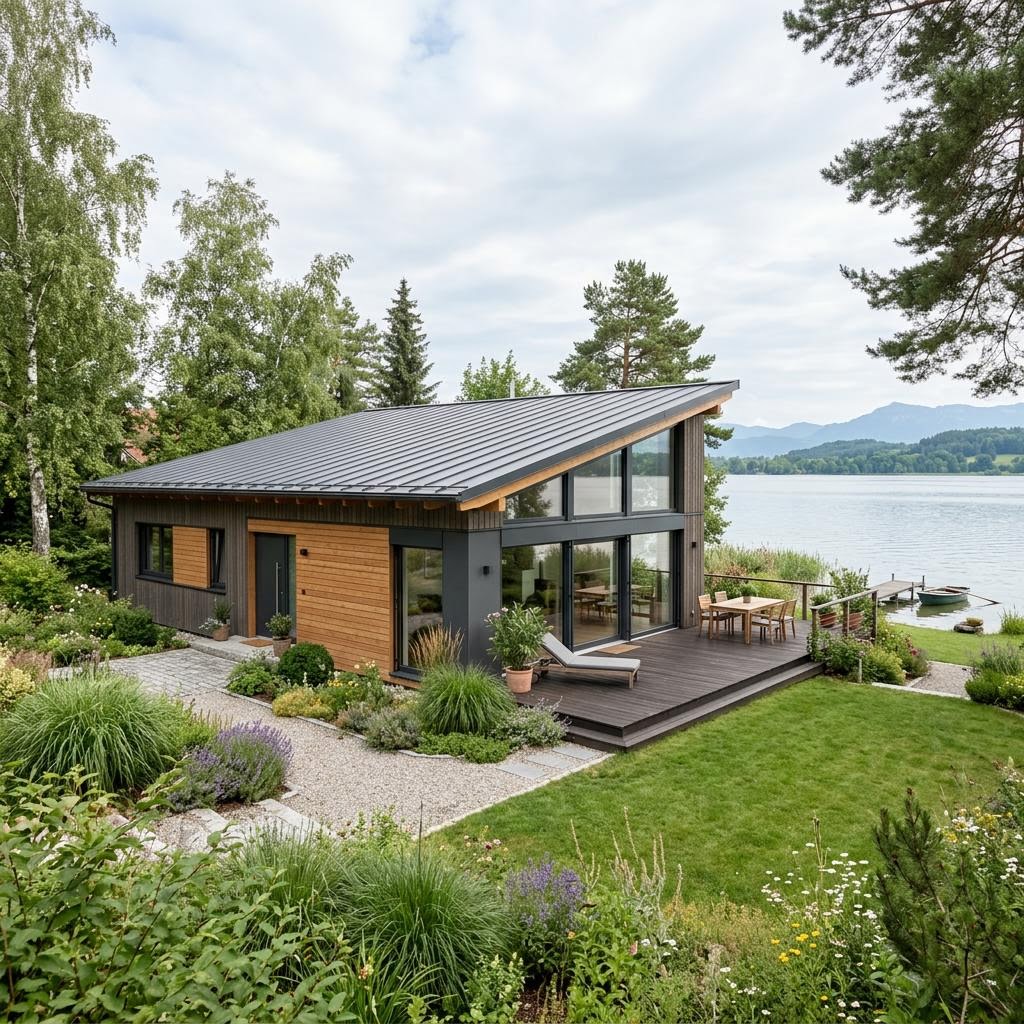 Ferienhaus Lakeside 98 des Herstellers Stommel Haus als Massivholzhaus mit umlaufender Veranda und Pultdach