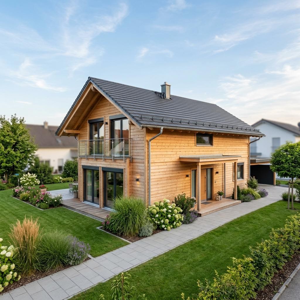 Holzhaus Landhaus Nyborg 138 des Herstellers Stommel Haus — Massivholzhaus mit Satteldach und 138 m²