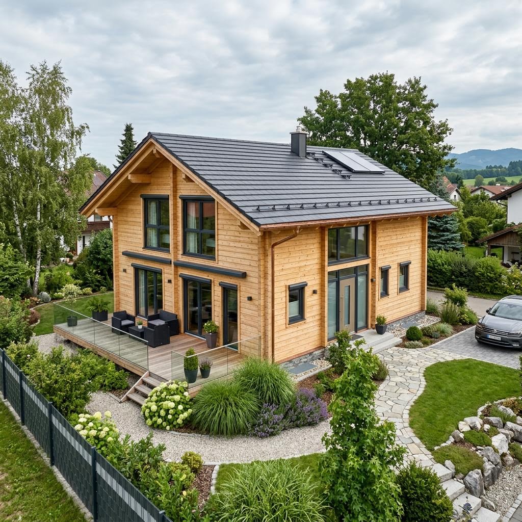 Massivholz-Blockhaus Larix 134 des Herstellers Stommel Haus mit Lärchenfassade und Satteldach