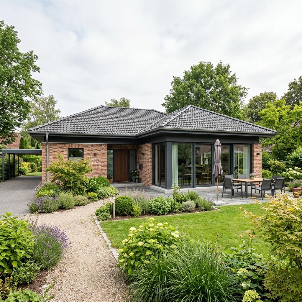 Bungalow Lichthof 100 des Herstellers Town & Country mit Walmdach — massiv errichteter Ziegel-Bungalow mit 100 m²