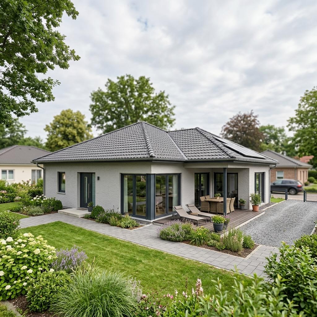 Winkelbungalow Eckform 125 des Herstellers Town & Country mit Walmdach — L-förmiger Massiv-Winkelbungalow mit 125 m²