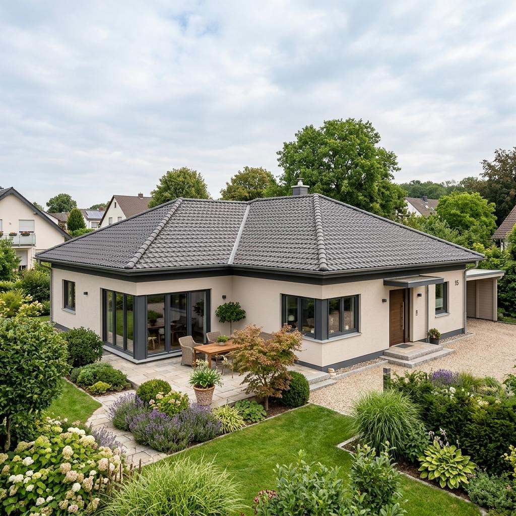 Winkelbungalow Familienwinkel 150 des Herstellers Town & Country mit Walmdach — großer Massiv-Winkelbungalow mit 150 m²