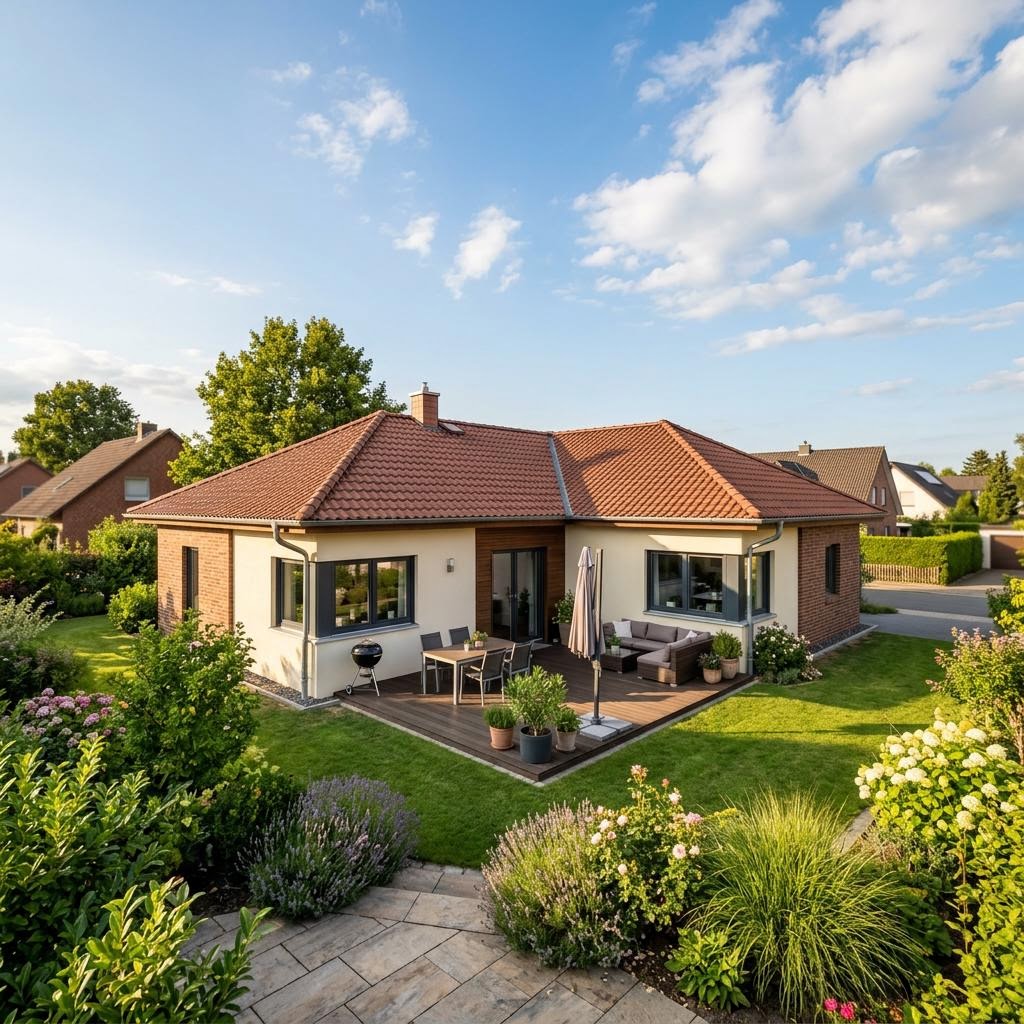 Massiver Winkelbungalow Sonnenwinkel 142 des Herstellers town-und-country mit Walmdach und Südterrasse