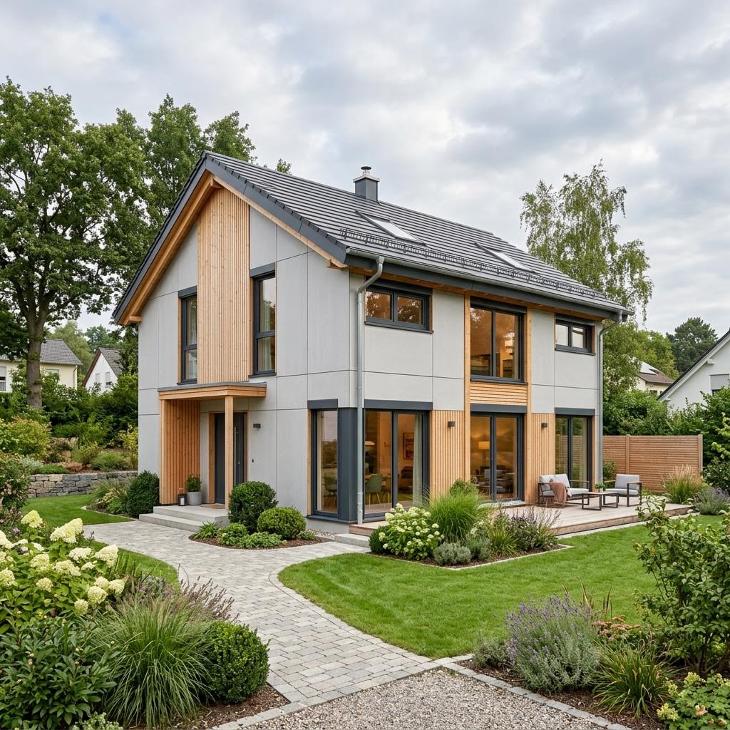 Modulhaus Family Modul 110 des Herstellers Vario-Haus — zweigeschossiges Holzmodulhaus mit Satteldach und 110 m²