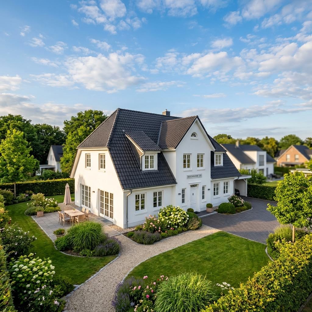 Friesenhaus Deichmaxime des Herstellers Viebrockhaus mit weißer Putzfassade und Sprossenfenstern