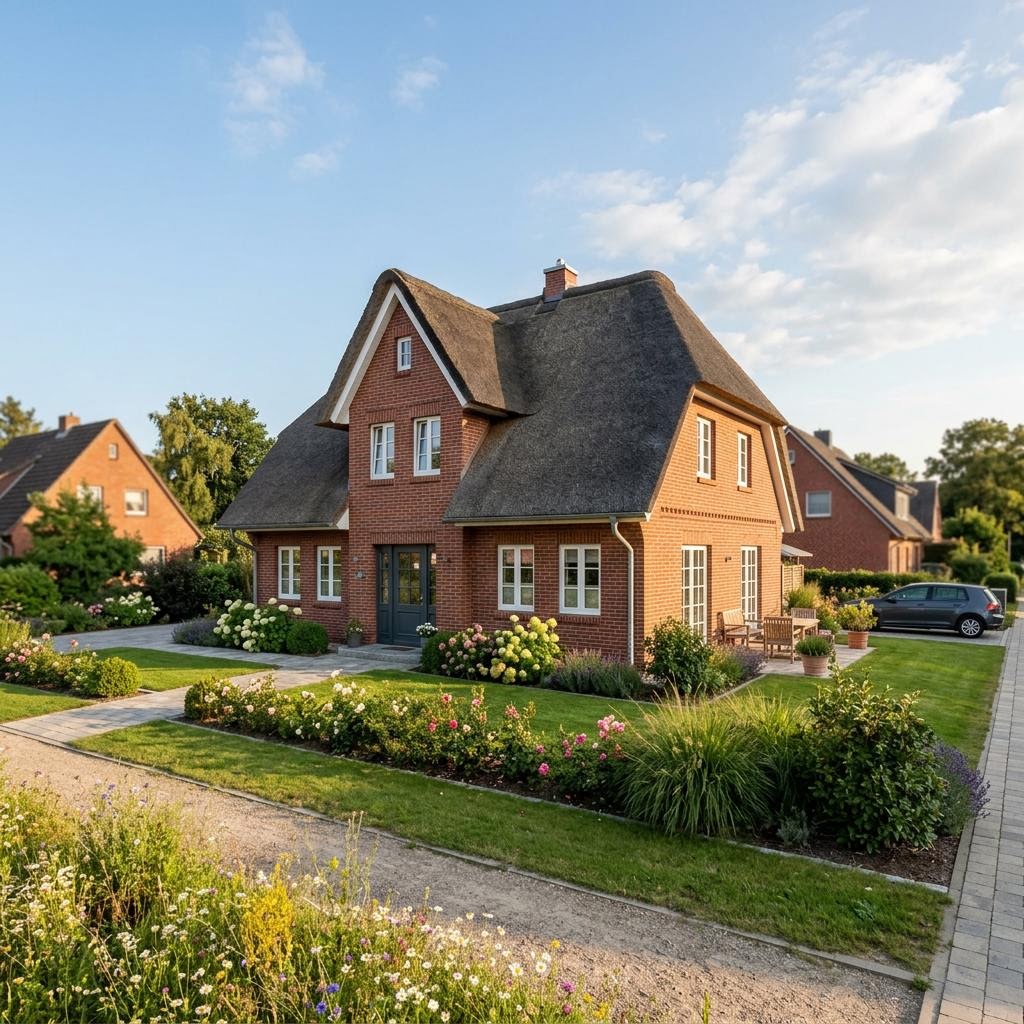 Friesenhaus Friesenmaxime des Herstellers Viebrockhaus mit rotem Klinker und Krüppelwalmdach