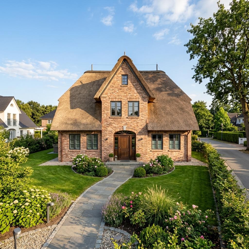 Friesenhaus Reetmaxime des Herstellers Viebrockhaus mit Reetdach-Optik und Backstein