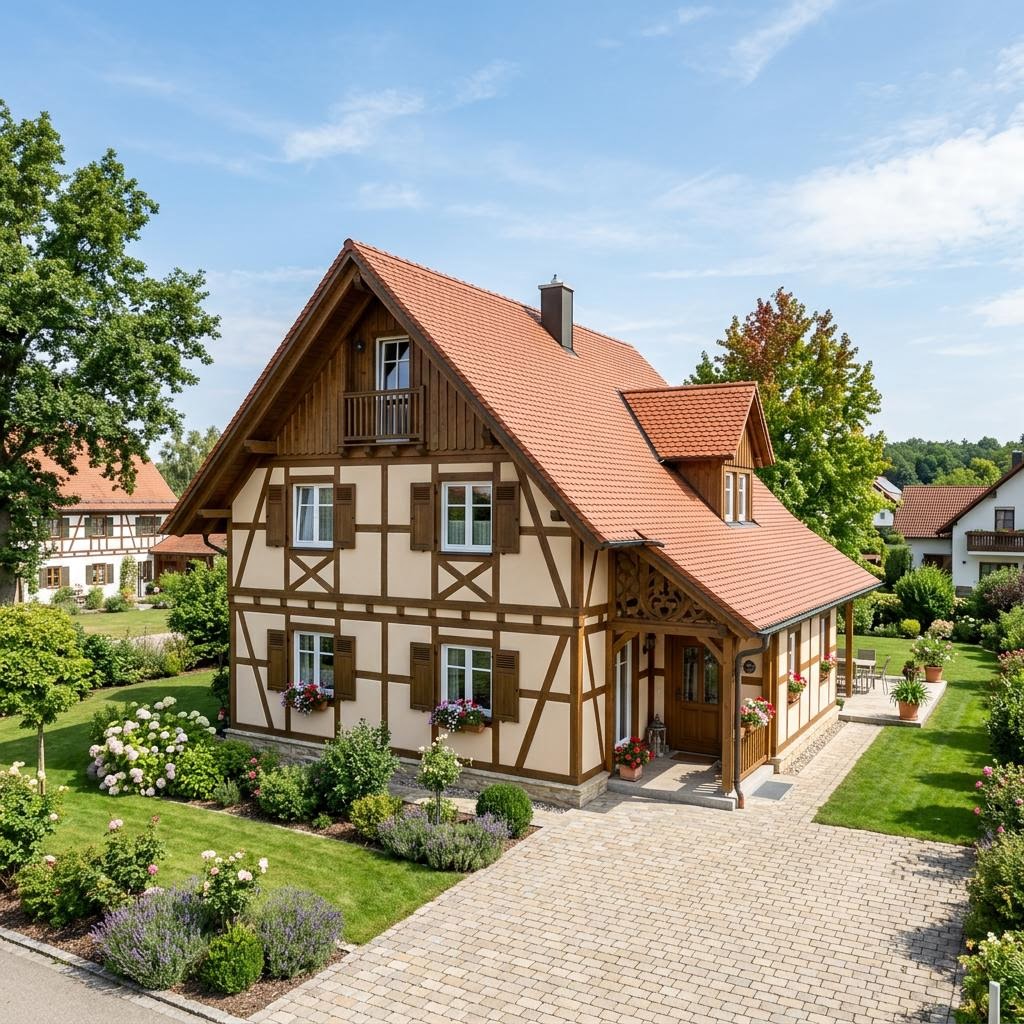 Landhaus Fachwerk Diele 152 des Herstellers Wagener Systemhausbau — Holzskelettbau mit Schleppdach und 152 m²