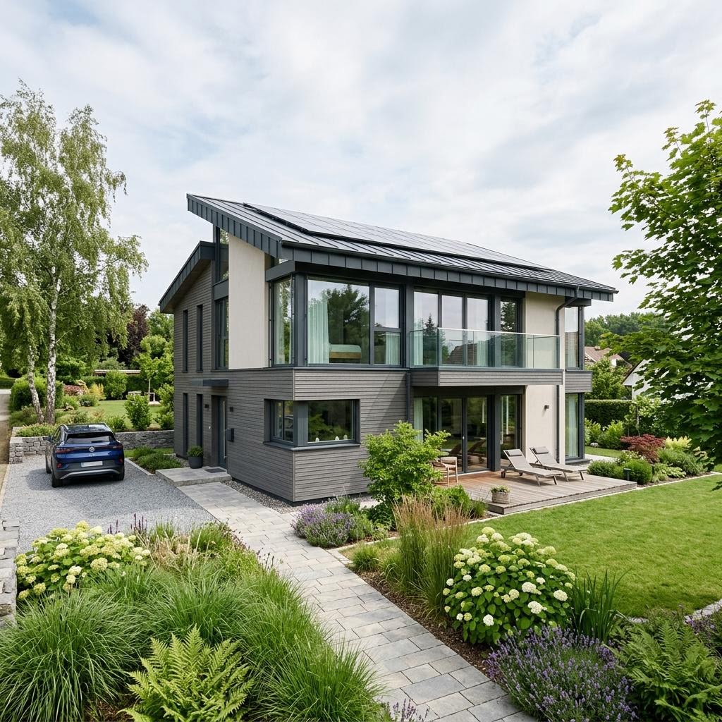 Flachdachhaus Flatline 150 Pult des Herstellers Wagener Systemhausbau mit Pultdach — Fertighausmodell mit rund 150 m² und viel Licht