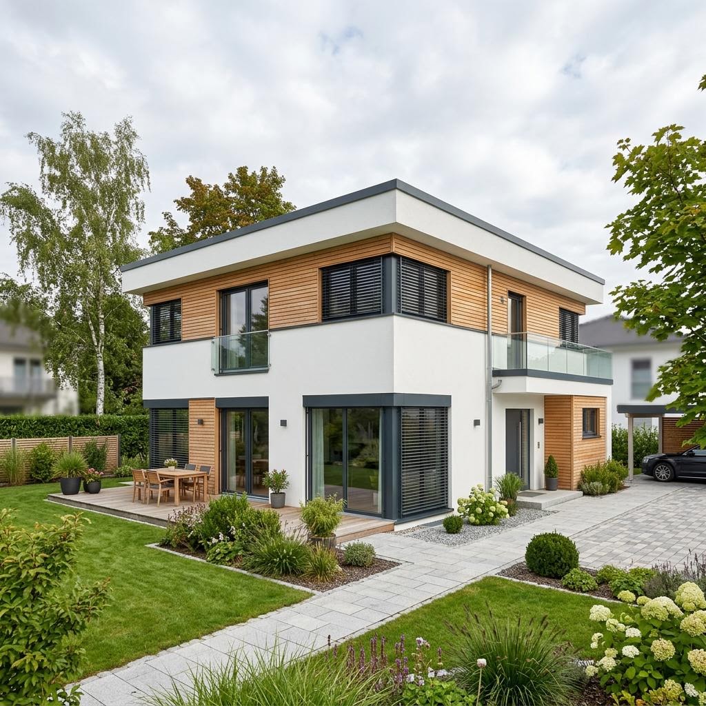 Flachdachhaus Flatline 178 Stadtvilla des Herstellers Wagener Systemhausbau mit Flachdach — Fertighausmodell mit rund 178 m² und Loggia