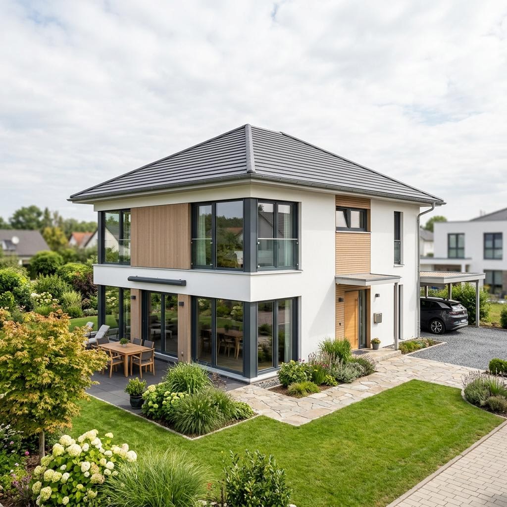 Stadtvilla CityLoft 162 des Herstellers WeberHaus mit Zeltdach und breiter Fensterfront