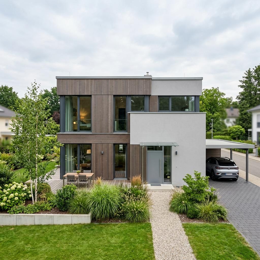 Kubushaus Cubo Vita 142 des Herstellers WeberHaus mit Flachdach und großer Fensterecke