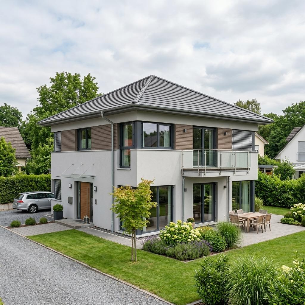 Stadtvilla Generation City 164 des Herstellers WeberHaus mit Walmdach und barrierearmem Erdgeschoss