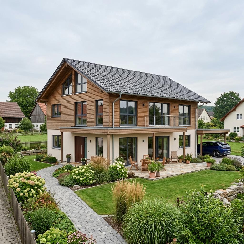 Landhaus Gutshof 148 des Herstellers WeberHaus als Holz-Fertighaus mit steilem Satteldach