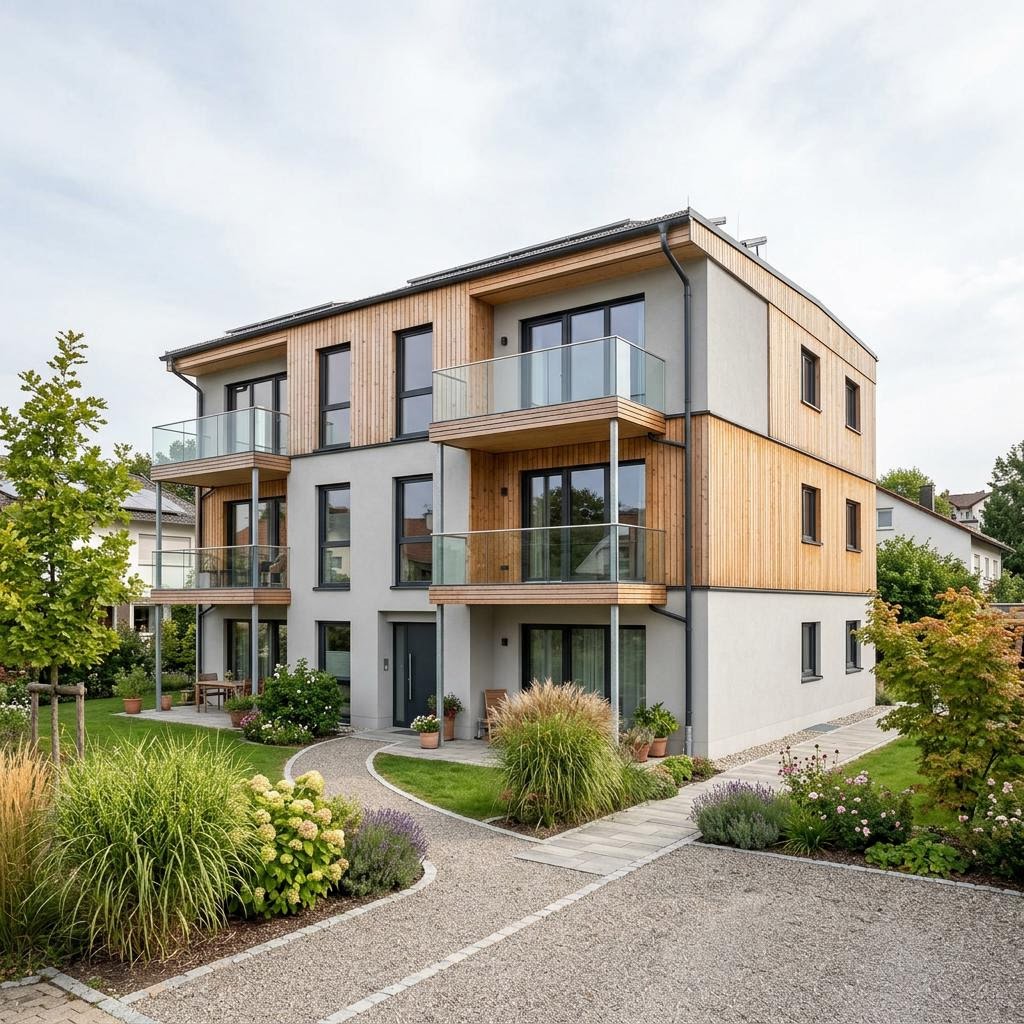 Mehrfamilienhaus Multi mit vier Wohneinheiten des Herstellers WeberHaus mit Flachdach — Holzfertighaus mit 360 m²