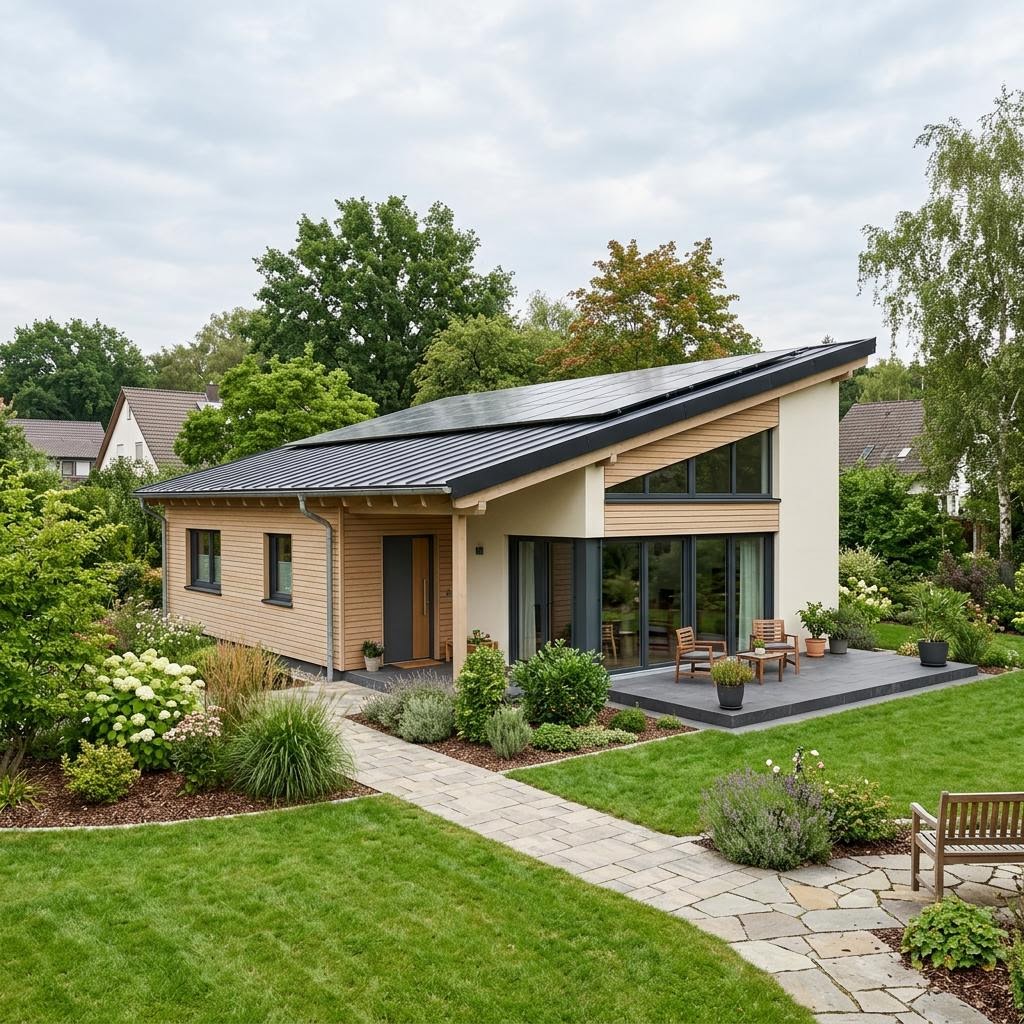 Pultdach-Bungalow Pult Bungalow Solar 118 des Herstellers WeberHaus mit Solardach und Terrassenzugang