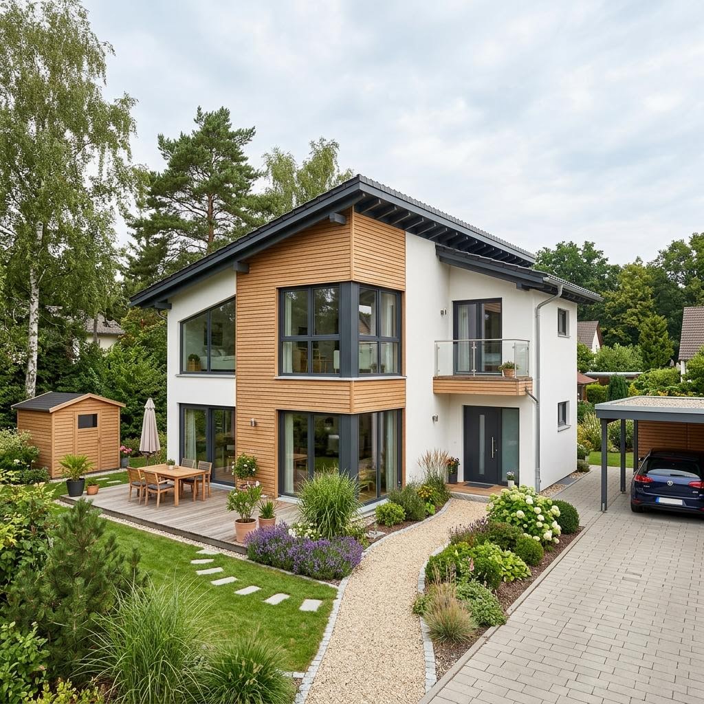 Pultdachhaus PultCity 134 des Herstellers WeberHaus für schlanke Grundstücke mit Solardach