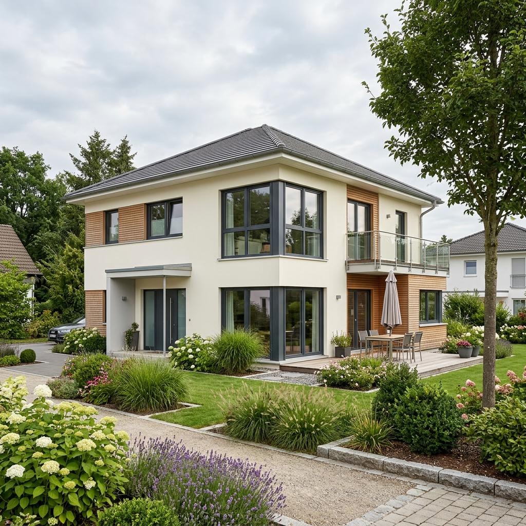 Stadtvilla Urbana 155 des Herstellers WeberHaus mit Walmdach und bodentiefem Fensterband